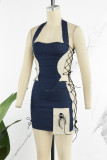 Blue Sexy Color Lump Pocket Cross Straps Contrast Halter Sleeveless Two Pieces
