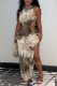 Khaki Sexy Casual Print Hollowed Out Slit O Neck Long Dress (Subject To The Actual Object)