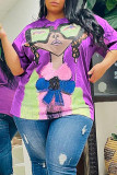 Purple Plus Size Casual Sweet Figure Patchwork Printing O Neck Plus Size Tops