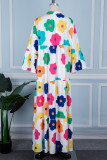 Yellow Casual Print Patchwork Shirt Collar Long Dress Dresses