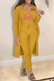 Yellow Casual Print Letter Cardigan Collar Long Sleeve Three Pieces