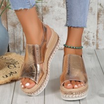 Gold Casual Hollowed Out Patchwork Fish Mouth Out Door Wedges Shoes (Heel Height 1.97in)