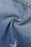 Blue Casual Solid Ripped Buckle Turndown Collar Long Sleeve Denim Jacket