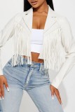 White Casual Solid Tassel Patchwork Turndown Collar Outerwear