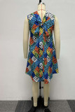 Blue Casual Daily Simplicity Mixed Printing Printing Contrast A Line Dresses