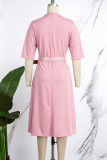 Pink Elegant Solid Patchwork Buckle V Neck A Line Dresses(With a belt)