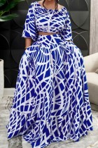 Blue White Casual Print Patchwork O Neck Half Sleeve Two Pieces