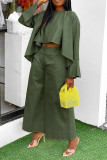 Army Green Casual Solid Patchwork Asymmetrical O Neck Long Sleeve Two Pieces