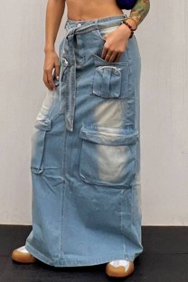 Baby Blue Casual Patchwork Basic Regular High Waist Conventional Patchwork Skirts