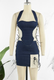 Blue Sexy Color Lump Pocket Cross Straps Contrast Halter Sleeveless Two Pieces