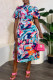 Blue Casual Print Slit Half A Turtleneck Short Sleeve Dress