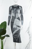 Blue Street Geometric Patchwork Slit O Neck One Step Skirt Dresses