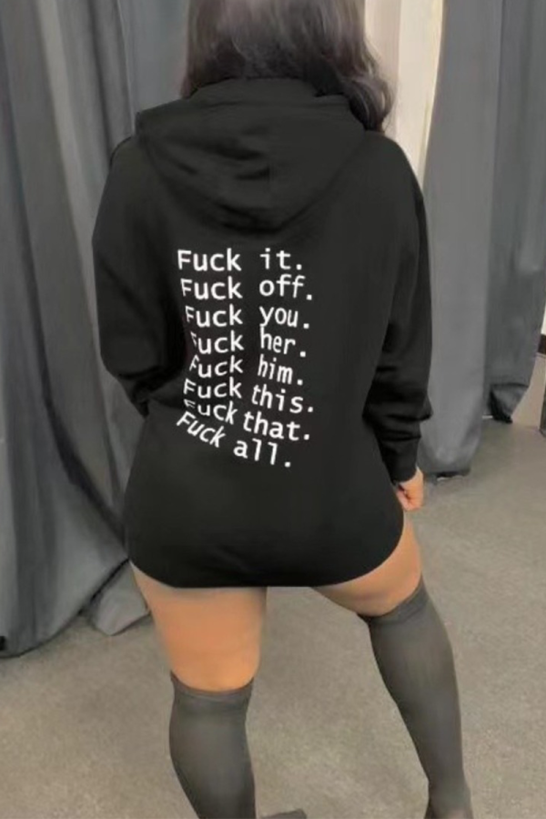 Black Casual Daily Print Draw String Letter Hooded Collar Tops