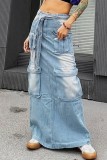 Baby Blue Casual Patchwork Basic Regular High Waist Conventional Patchwork Skirts