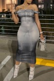 Grey Casual Print Backless Off the Shoulder One Step Skirt Dresses