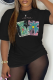Black Casual Daily Print Patchwork O Neck T-Shirts