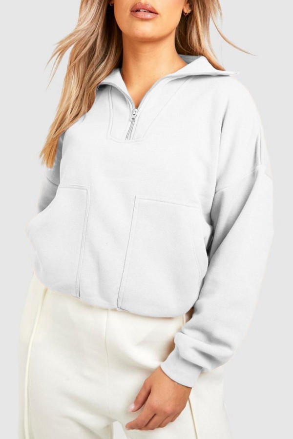 White Casual Solid Patchwork Zipper Collar Tops
