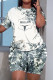Gray White Casual Print Basic O Neck Short Sleeve Two Pieces