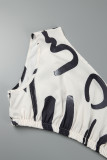 White Casual Print Backless Slit Oblique Collar Sleeveless Two Pieces