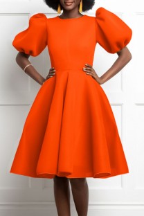 Orange Casual Solid Patchwork O Neck A Line Short Sleeve Dress