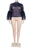 Deep Blue Sexy Solid See-through Fold O Neck Tops(The Sleeve Shall Be Subject To The Drawing)