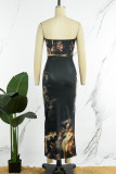 Black Elegant Print Patchwork Backless Slit Strapless One Step Skirt Dresses