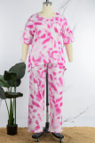 Pink Casual Print Tie Dye O Neck Plus Size Two Pieces