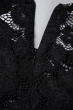 Black Plus Size Casual Elegant Solid Lace Mesh O Neck A Line Plus Size Dresses（No Belt）