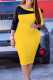 Yellow Elegant Solid Color Block Patchwork Contrast Zipper O Neck Wrapped Skirt Dresses