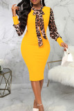 Red Sexy British Style Elegant Leopard Patchwork Printing O Neck Wrapped Skirt Dresses