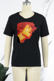 Black Casual Vintage Print Patchwork O Neck T-Shirts
