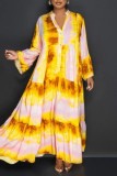 Yellow Casual Print Patchwork Shirt Collar Long Dress Dresses