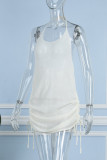 Khaki Sexy Casual Solid Draw String Frenulum Backless Spaghetti Strap Sleeveless Dress Dresses