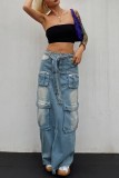 Baby Blue Casual Patchwork Basic Regular High Waist Conventional Patchwork Skirts
