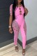 Pink Sexy Solid Hollowed Out See-through Hot Drill O Neck Skinny Jumpsuits