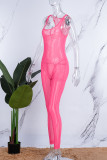Rose Red Sexy Casual Solid See-through U Neck Skinny Jumpsuits (Subject To The Actual Object)