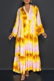 Yellow Casual Print Patchwork Shirt Collar Long Dress Dresses