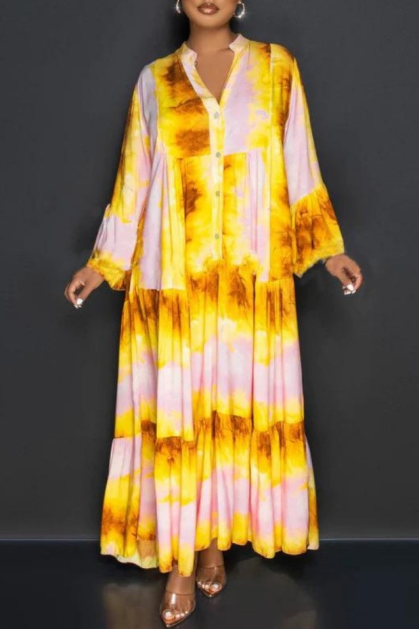 Yellow Casual Print Patchwork Shirt Collar Long Dress Dresses