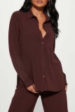 Coffee Casual Solid Patchwork Shirt Collar Long Sleeve Two Pieces