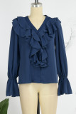 Navy Blue Casual Solid Patchwork V Neck Tops