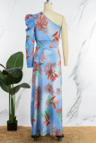 Multicolor Casual Floral Patchwork Fold Oblique Collar Tops(Without Bottoms )