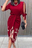 Red Casual Print Hollowed Out Patchwork O Neck A Line Dresses