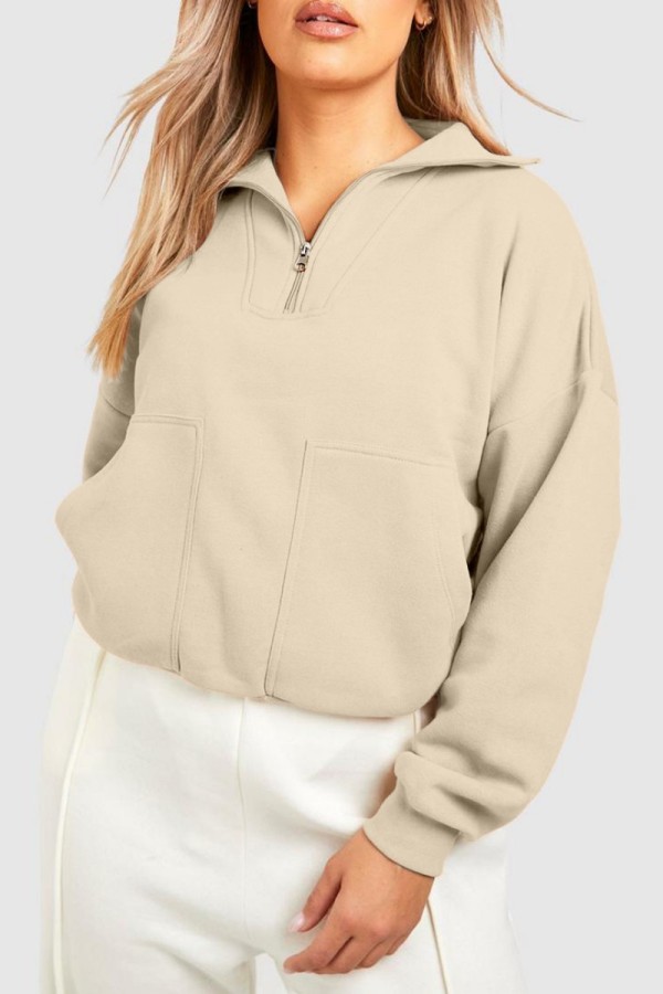 Apricot Casual Solid Patchwork Zipper Collar Tops