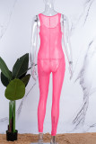 Rose Red Sexy Casual Solid See-through U Neck Skinny Jumpsuits (Subject To The Actual Object)