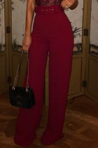 Burgundy Casual Solid With Belt Skinny High Waist Conventional Solid Color Trousers