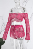 Rose Red Sexy Solid Hollowed Out See-through Off the Shoulder Long Sleeve Two Pieces