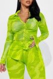 Fluorescent Green Casual Print Patchwork Turndown Collar Long Sleeve Two Pieces