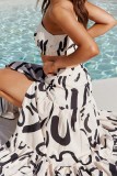 White Casual Print Backless Slit Oblique Collar Sleeveless Two Pieces