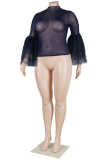 Deep Blue Sexy Solid See-through Fold O Neck Tops(The Sleeve Shall Be Subject To The Drawing)