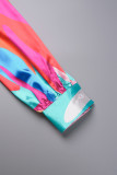 Blue Sexy Print Patchwork Frenulum Fold Turndown Collar Long Sleeve Two Pieces